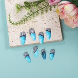 Blue Ocean Almond Press-On Nails – Mesh Design, Teardrop Style, Glossy Finish Nail Art Set
