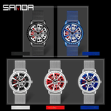 Sanda Men’s Quartz Watch – Hollow Dial, Mesh Strap, Waterproof Sport Timepiece