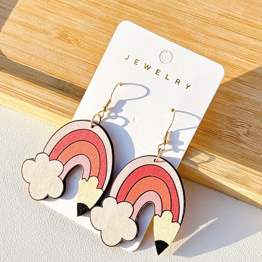 Rainbow Wooden Hook Earrings for Women – Fun Cartoon Statement Jewelry