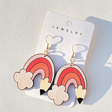Rainbow Wooden Hook Earrings for Women – Fun Cartoon Statement Jewelry