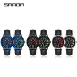 Sanda Men’s Quartz Watch – Wheel Series Dial, Leather Strap, Waterproof Timepiece