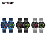 Sanda Men’s Quartz Watch – Wheel Series Dial, Mesh Strap, Waterproof Fashion Timepiece