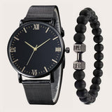 2pcs Men's Casual Roman Scale Mesh Quartz Watch & Dumbbell Bracelet Set