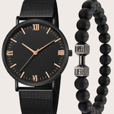 2pcs Men's Casual Roman Scale Mesh Quartz Watch & Dumbbell Bracelet Set