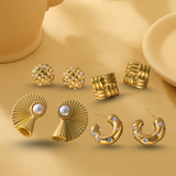 Golden Pearl Titanium Steel Earrings – Textured Stud & Drop Design (Combo of 4)