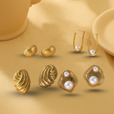 Golden Pearl Titanium Steel Earrings – Textured Stud & Drop Design (Combo of 4)