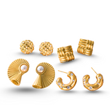 Golden Pearl Titanium Steel Earrings – Textured Stud & Drop Design (Combo of 4)
