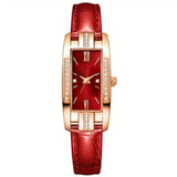 Lady’s Vintage Quartz Watch – Square Dial with Roman Numerals & Rhinestones (Red)
