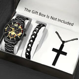 3pcs Set: Men's Calendar Watch, Silvery Bracelet, and Cross Pendant Necklace