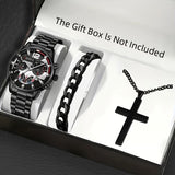 3pcs Set: Men's Calendar Watch, Silvery Bracelet, and Cross Pendant Necklace