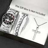 3pcs Set: Men's Calendar Watch, Silvery Bracelet, and Cross Pendant Necklace