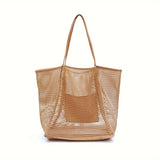Stylish Women Woven Mesh Tote Bag - with Secure Zipper