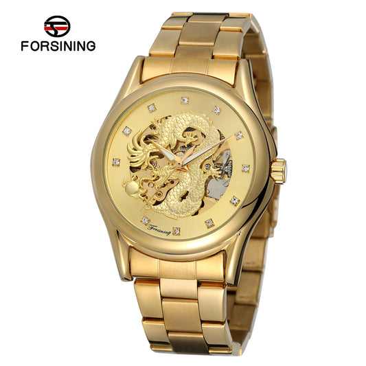 Forsining Men’s Dragon Skeleton Automatic Watch – Mechanical Steel Strap Timepiece