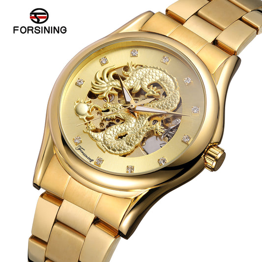 Forsining Men’s Dragon Skeleton Automatic Watch – Mechanical Steel Strap Timepiece