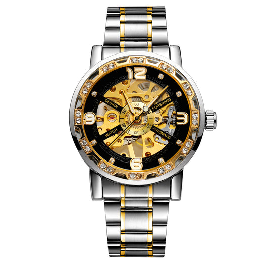 Forsining Men’s Skeleton Mechanical Watch – Hollow Rhinestone Dial with Alloy Strap