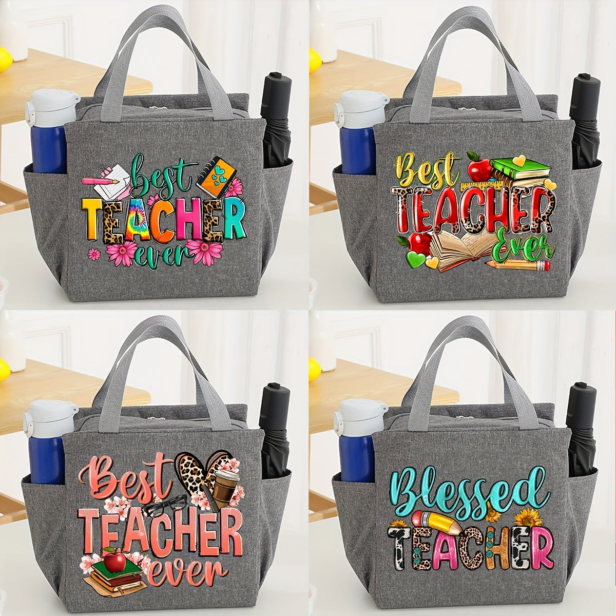 Teacher Appreciation Canvas Lunch Tote Insulated Portable Cooler Bag With Foil Lining For Office And School Best Teacher Ever  Blessed Teacher Designs Bag For Teacher Day Gift