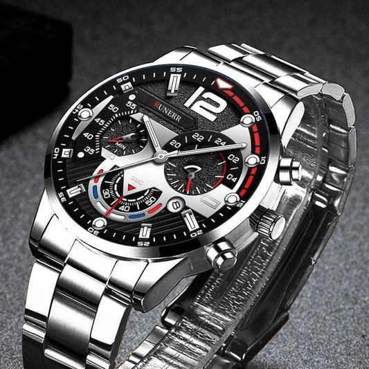 Fashion Mens Stainless Steel Watch Calendar Classic Calendar Wrist Watch Ideal choice for Gifts