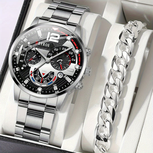 2pcsset Business Watch Mens Stainless Steel Date Watch Round Quartz Watch
