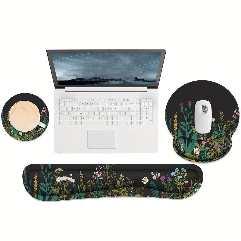 3pcs Ergonomic Keyboard Wrist Rest and Mouse Pad Set with Memory Foam Support  Floral Design Desk Accessories for Computer Laptop  Comfortable Black Flower Mousepad Wrist Support Combo