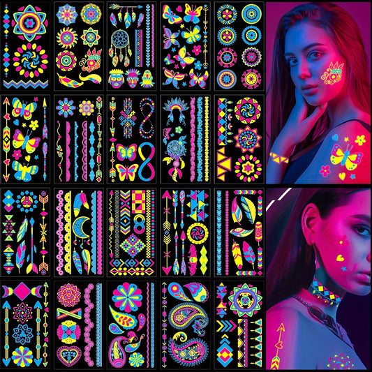 20 Sheets Temporary Tattoo Stickers Fluorescent Party Neon Light Accessories Waterproof Tattoo Party Holiday Decorations For Music Festival