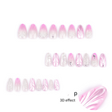 3D Gradient Pink Press-On Nails – Coffin Glossy Shell Design with Rhinestones