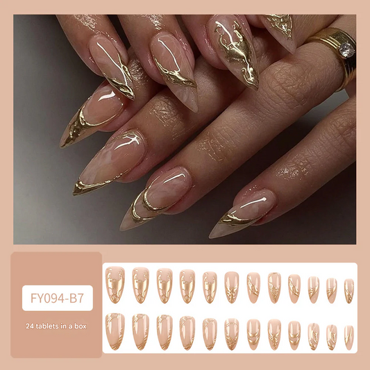 3D Gold Marble Press-On Nails – Long Stiletto Acrylic Nail Set, Nude Abstract Design