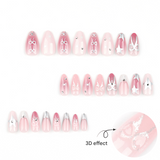 3D Pink Almond Press-On Nails with Stars & Bows – Glossy Metallic Acrylic Tips