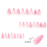 3D Butterfly Floral Press-On Nails – Long Almond Pink & White, Swirl Acrylic Set