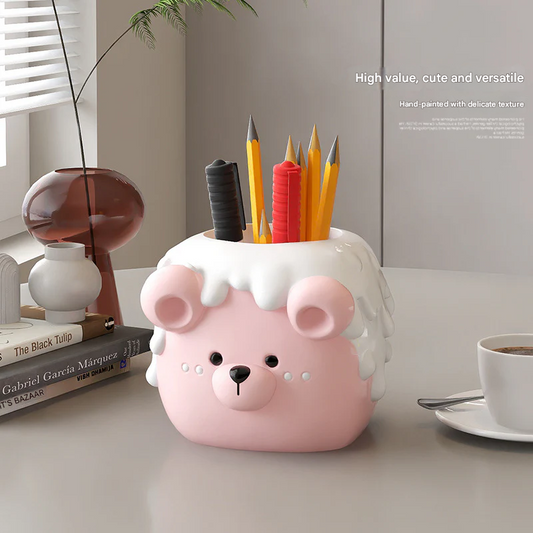 Cute Bear Pen Holder – Resin Desk Organizer for Office, Kids' Room & Makeup Brushes