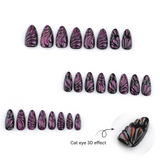 Long Almond Purple & Black 3D Press-On Nails – Glittery, Glossy, Artistic Design