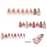 Elegant Stiletto Press-On Nails with 3D Floral & Animal Print – Brown Nude