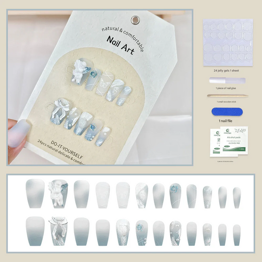 3D Angel Press-On Nails – White Coffin Acrylic Nail Set with Snowflake & Floral Accents