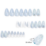 Elegant Light Blue 3D Stiletto Press-On Nails with Rhinestones – Long Acrylic False Nails