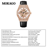 MOKAGO Women’s Quartz Watch – Diamond Hollow Dial, Leather Strap, Waterproof Timepiece