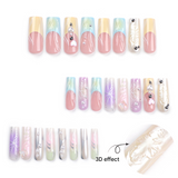 3D Multicolor Coffin Press-On Nails – Long Glossy Gradient with Floral & Pearl Accents