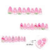 3D Fruit Press-on Nails – Long Stiletto Pink Cherry & Floral Design | Glue-On Acrylic
