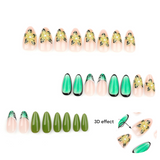 Tropical Floral Almond Press-On Nails – 3D Green Ombre Design, Glossy Finish
