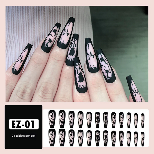 Halloween Dark Rose Press-On Nails | Stiletto, Matte Floral Design, Frosted Acrylic Nails
