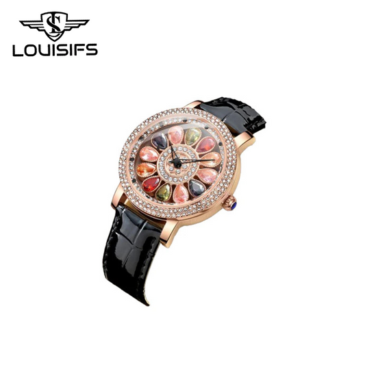 LOUISIFS Women’s Watch – Large Dial Diamond Timepiece with Leather Strap