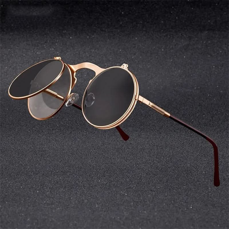 Vintage Steampunk Round Metal Frame Flip-Up Glasses GOLDEN-GREY