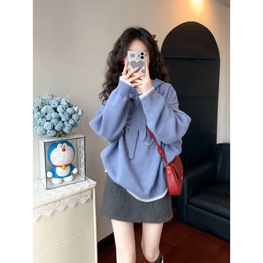 Autumn and Winter Thickened Outer Knitwear Loose Lazy High-End Top Bird Design Pullover Hooded Knitwear for Women