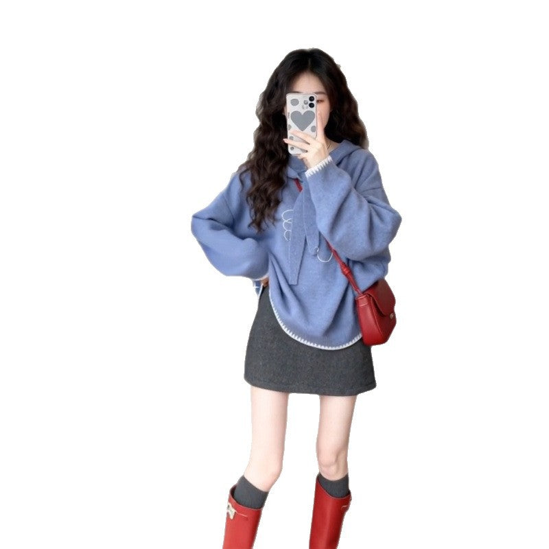 Autumn and Winter Thickened Outer Knitwear Loose Lazy High-End Top Bird Design Pullover Hooded Knitwear for Women