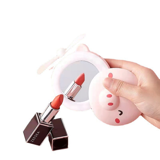 Piggy Beauty Mirror with Beauty Light, Handheld Mini USB Fan, Cute Hand-Cranked Portable Gift