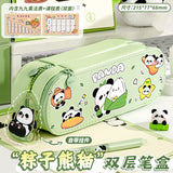 Large-Capacity New Cute Panda Double-Layer Pencil Case Pu Pencil Case Cartoon Multi-Functional Layered Pencil Case for Primary School Students