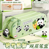 Large-Capacity New Cute Panda Double-Layer Pencil Case Pu Pencil Case Cartoon Multi-Functional Layered Pencil Case for Primary School Students