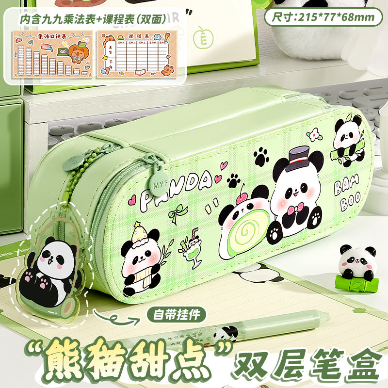 Large-Capacity New Cute Panda Double-Layer Pencil Case Pu Pencil Case Cartoon Multi-Functional Layered Pencil Case for Primary School Students