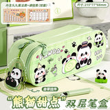 Large-Capacity New Cute Panda Double-Layer Pencil Case Pu Pencil Case Cartoon Multi-Functional Layered Pencil Case for Primary School Students