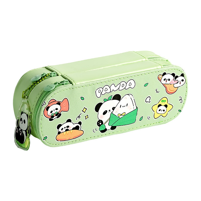 Large-Capacity New Cute Panda Double-Layer Pencil Case Pu Pencil Case Cartoon Multi-Functional Layered Pencil Case for Primary School Students