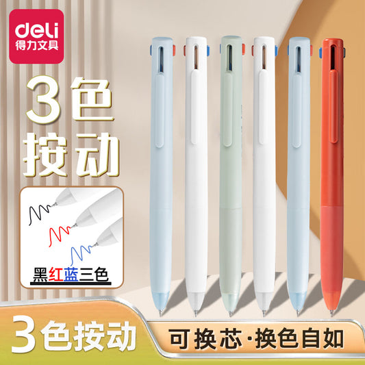 Deli Ns565 Three-Color Retractable Pen 0.5mm Multi-Color Model for Students to Take Notes with Blue and Red Pens for Marking Mistakes