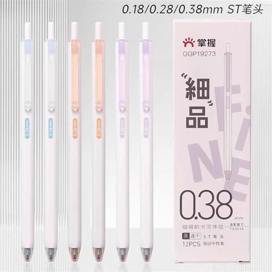 Master the Use of Ultra-Fine Retractable Gel Pens with 0.18mm High-Quality Black Ink, 0.28mm Student Pens, and 0.38mm Pens with Smooth Writing on Display Stands